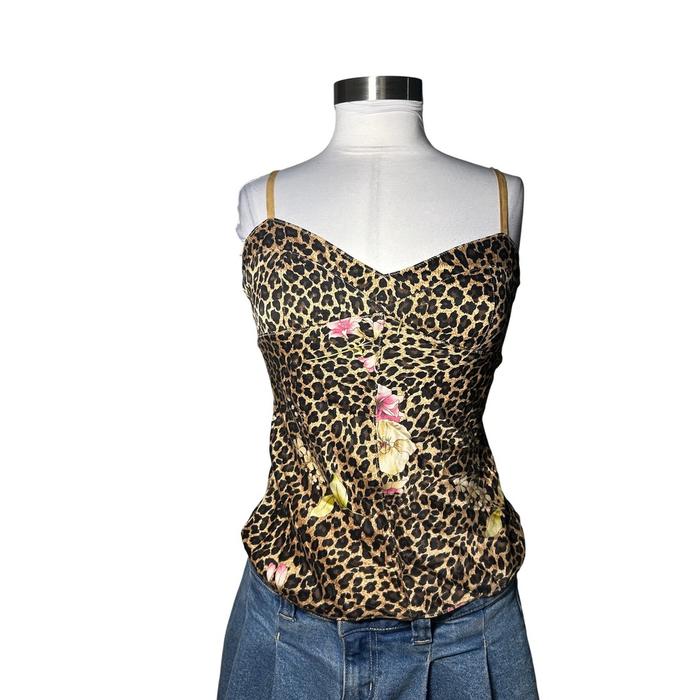 Express Y2K Leopard Cheetah Print Cami Small Brown Floral Sweetheart Tank Top